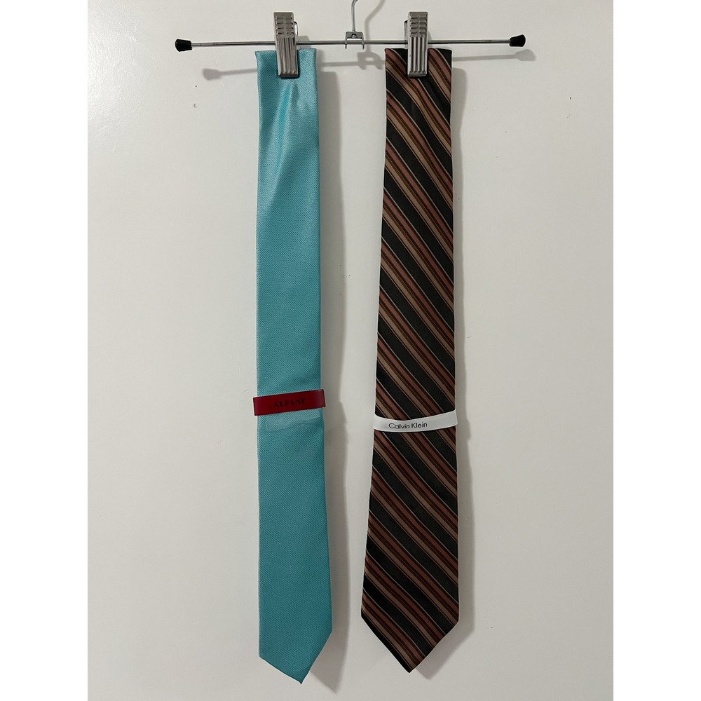 Calvin Klein & Alfani Mens Necktie Bundle Silk Striped Brown Mint Blue 2 Pack